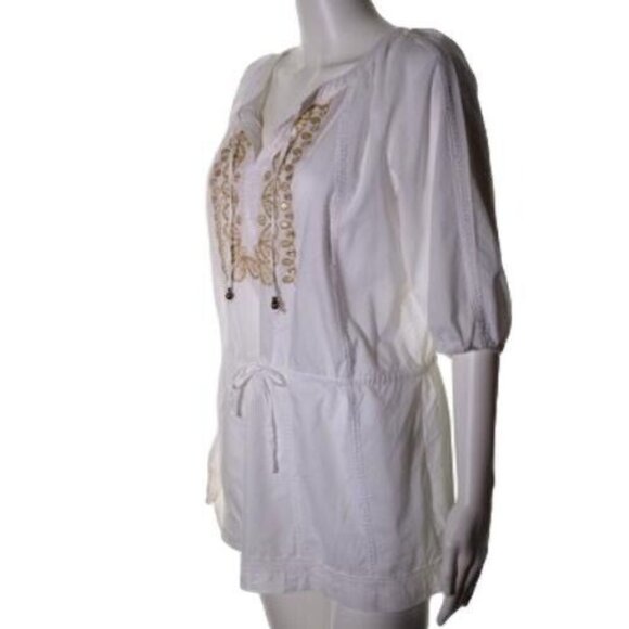 Alfani Tunic Top Size 6 P Womens Boho White with Gold Embroidery Pullover - Picture 2 of 11
